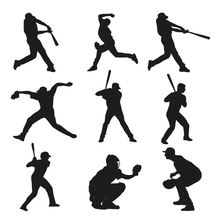 Set of baseball players silhouettes. Batter, catcher, pitcher, base, bowler, fielder, baseman, shortstopのイラスト素材