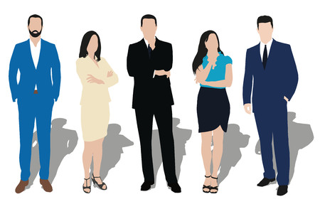 Collection of business people illustrations in different poses. Men and women at work. Teacher, lawyer, manager, salesman, dealer, merchant, model, secretary, disciple, office workers. Formal dress, wear, clothesのイラスト素材