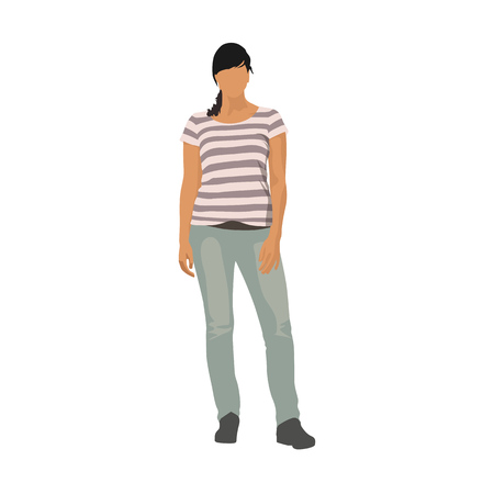 Beautiful young girl standing, vector illustration. Woman in pink stripped shirt and jeansのイラスト素材