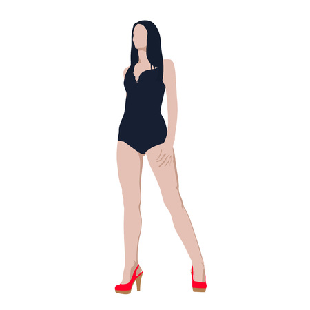 Tall sexy brunette woman in dark lingerie standing. Red high heels shoes. Isolated vector illustrationのイラスト素材