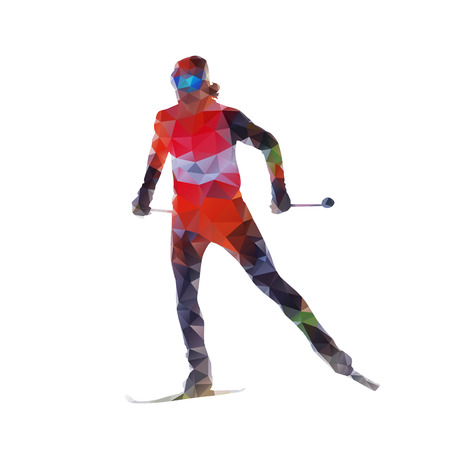 Cross country skiing, woman on skis, abtract polygonal vector silhouetteのイラスト素材