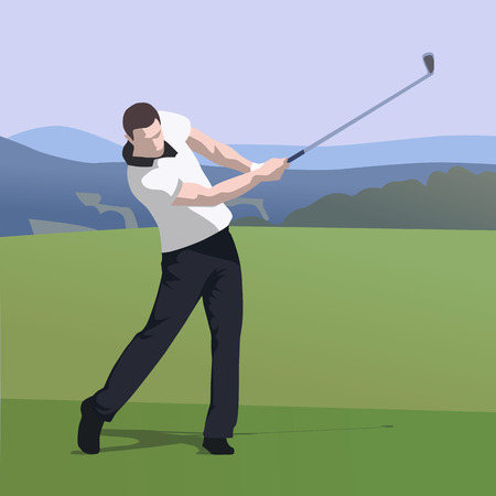 Golfer wearing white shirt and dark trousers hits ball on golf courseのイラスト素材