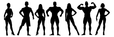 Set of bodybuilders vector silhouettes. Posing muscular men and womenのイラスト素材