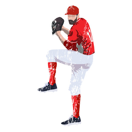 Baseball player pitcher in red jersey, grungy vector illustrationのイラスト素材