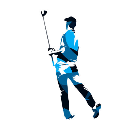 Golf player standing and holding driver in his hands. Abstract blue vector silhouetteのイラスト素材