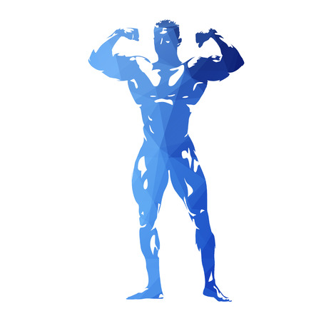 Posing bodybuilder, abstract blue geometric vector silhouette. Front view. Man with big muscles standingのイラスト素材