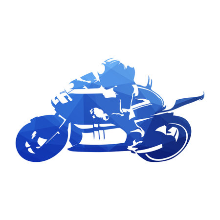 Moto racing. Man rides road motorbike. Abstract blue geometric vector silhouetteのイラスト素材
