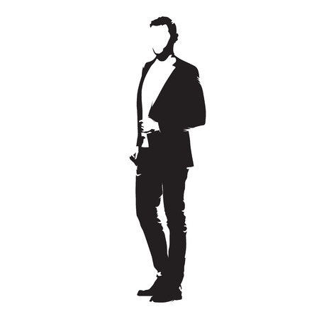 Businessman standing in suit, isolated vector silhouette. Side viewのイラスト素材