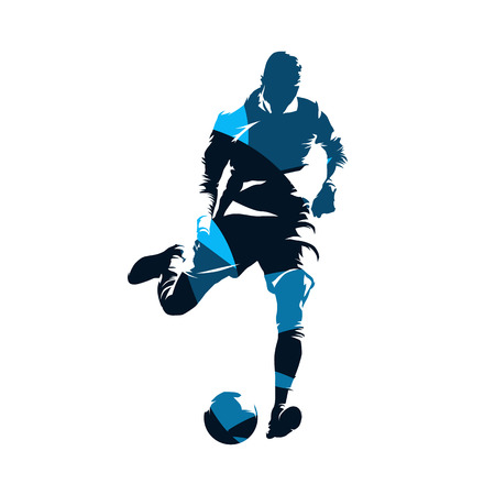 European football player kicking ball, soccer. Isolated vector silhouette. Front view. Team sportのイラスト素材