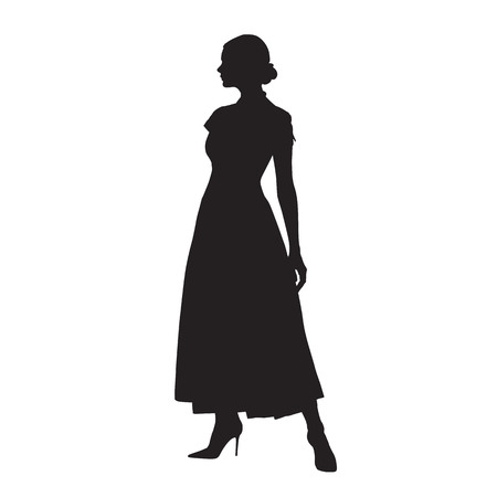 Young woman in long dress, isolated vector silhouette. Posing modelのイラスト素材