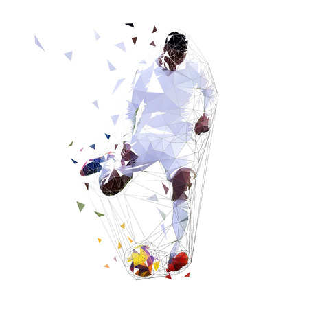 Football player in white jersey kicking ball, abstract low poly vector drawing. Soccer player, penalty isolated geometric colorful illustration, front viewのイラスト素材