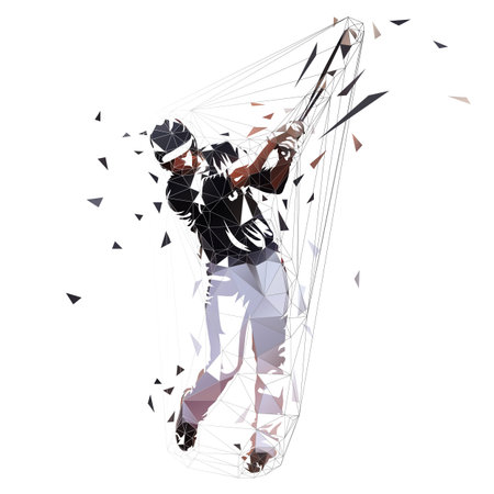 Baseball player in black jersey swinging with bat, isolated low polygonal vector illustration. Front viewのイラスト素材