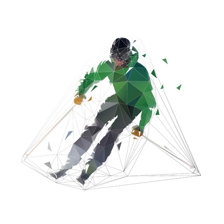 Downhill skier in green jacket, isolated low polygonal vector illuststrationのイラスト素材