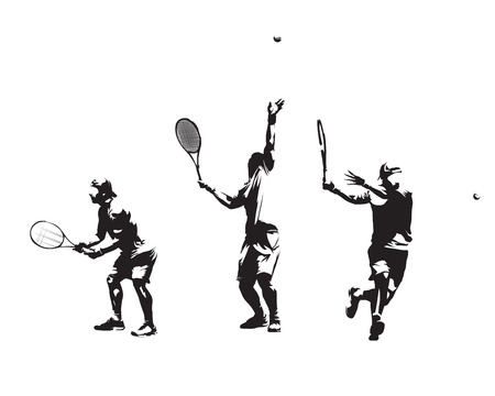 Group of tennis players, set of vector silhouettes. Isolated ink drawingsのイラスト素材