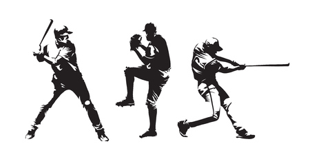 Set of baseball players vector silhouettes. Group of baseballer, isolated ink drawingsのイラスト素材