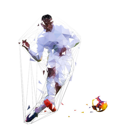 Soccer player kicking ball, low polygonal vector illustration. Football playerのイラスト素材