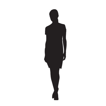 Business woman standing, isolated vector silhouette, front view. Sexy slim woman in short dressのイラスト素材