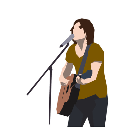 Guitar player singing song, flat design musician playing guitar. Isolated geometric vector illustrationのイラスト素材