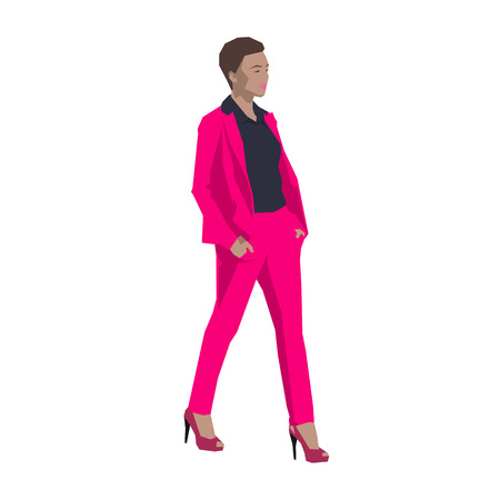 African american woman walking in pink formal clothing. Geometric vector illustrationのイラスト素材