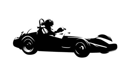 Retro racing car, isolated vector ink drawing. Side view formula silhouetteのイラスト素材