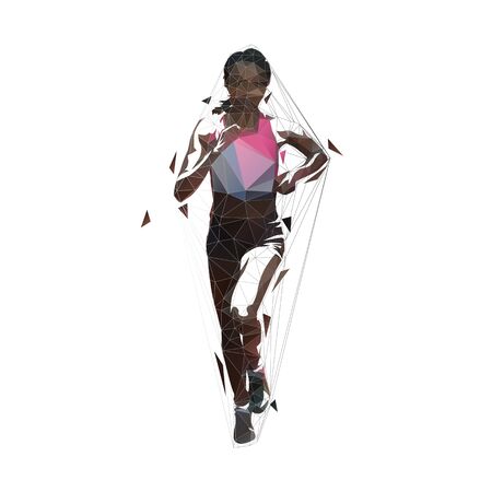 Running woman, african american low polygonal marathon runner. Isolated geometric vector illustration. Runのイラスト素材