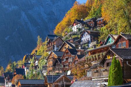 Hallstatt in autumn, colorful town in Alps. Austriaの写真素材