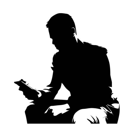 Businessman in suit sitting and holding cell phone, isolated ink drawing, vector silhouetteのイラスト素材