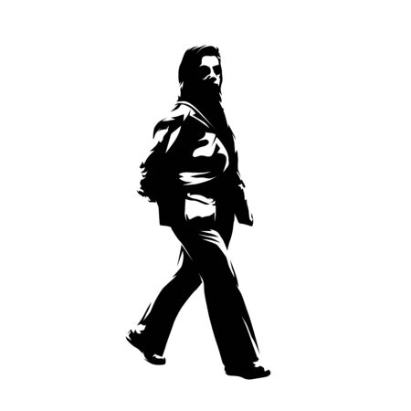 Senior woman walking, isolated vector silhouette. Ink drawing. Side viewのイラスト素材