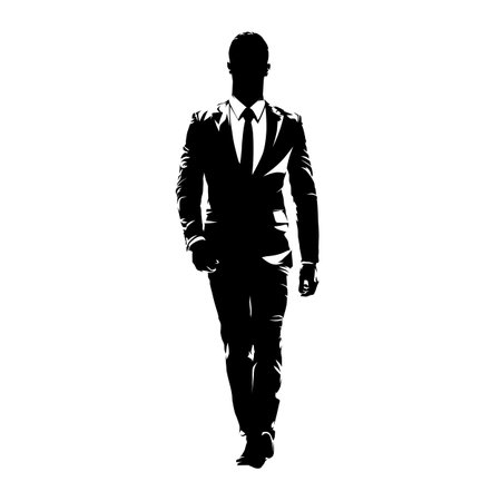 Business man walking forward, abstract vector silhouette, ink drawing. Isolated business peopleのイラスト素材