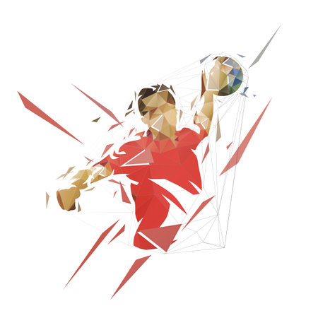 Handball player throwing ball and scoring goal, low polygonal isolated vector drawing, front view. Geometric handball logo from trianglesのイラスト素材