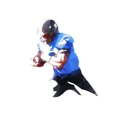 American football player holding ball, low polygonal football logo. Isolated vector illustrationのイラスト素材