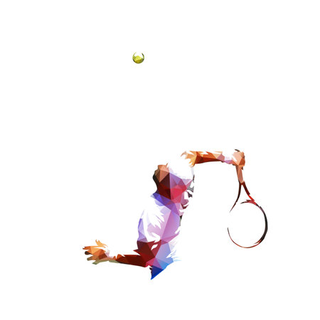 Tennis player serving ball, low polygonal drawing. Abstract geometric isolated vector illustrationのイラスト素材