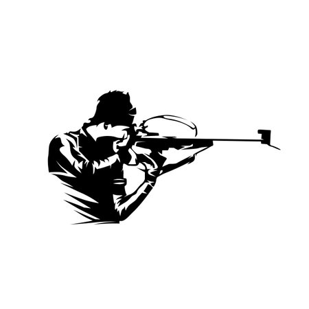 Biathlon standing shooting position, isolated vector silhouette. Biathlon racer logoのイラスト素材