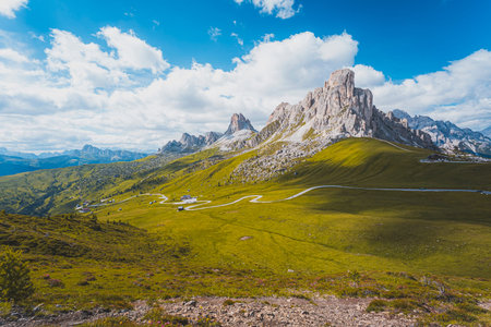 Passo Giau, Dolomites, Italy. Beautiful summer mountain landscape. High Alpine roadの写真素材
