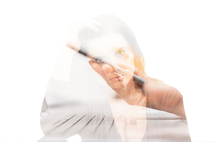 Double exposure of businesswoman and mobile phone in hand. Home office, working from home