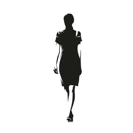 Walking business woman in short dress, catwalk, isolated vector silhouette, ink drawing. Female fashion model, front viewのイラスト素材