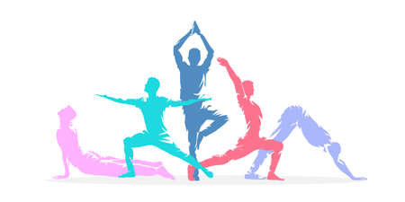 Yoga poses, group of active people practicing yoga, flat design isolated vector silhouettesのイラスト素材