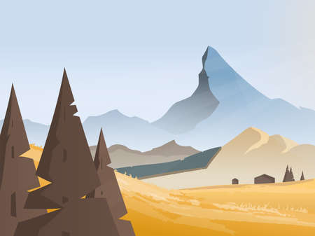 Mountain landscape at sunset, vector illustration. Autumn nature in the mountainsのイラスト素材