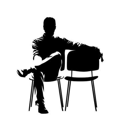 Business man sitting next to empty chair, isolated vector sihouette, front viewのイラスト素材