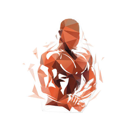 Bodybuilder posing and showing off big muscles. Low polygonal bodybuilding gym logo from triangles. Geometric isolated vector illustrationのイラスト素材