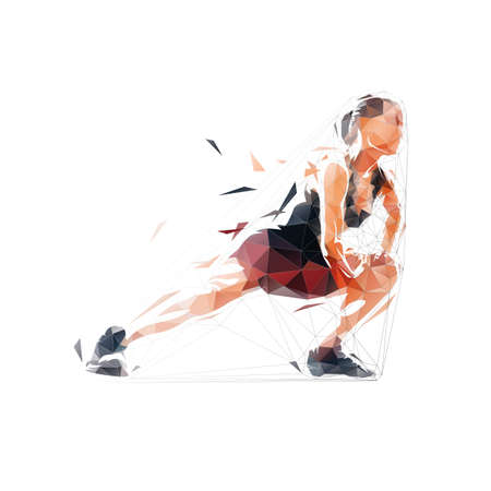 Woman stretches her muscles. Abstract low polygonal isolated vector illustration. Fitness exercises. Active lifestyle, geometric drawingの写真素材