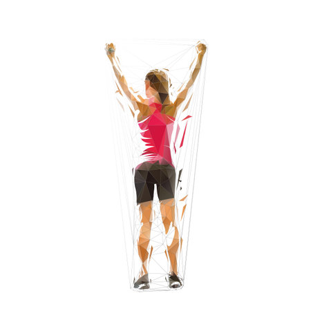 Woman celebrates with her hands raised. Low polygonal isolated vector illustration. Rear view....