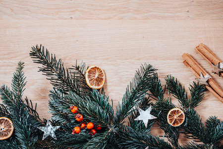 Christmas decoration, holiday background with fir branchesの写真素材