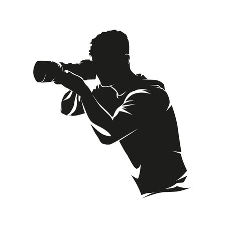 Photographer with camera, abstract man isolated vector silhouette, front view. Ink drawingのイラスト素材