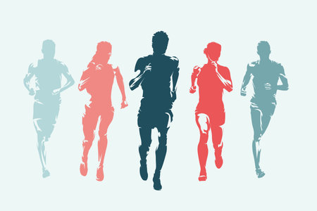 Run, group of running people, men and women, front view. Set of isolated vector silhouettes, ink drawingのイラスト素材
