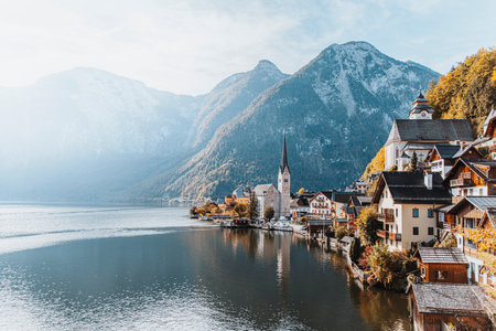 Hallstatt, historic town with Hallstatter lake. Autumn in Alps, Austriaの写真素材