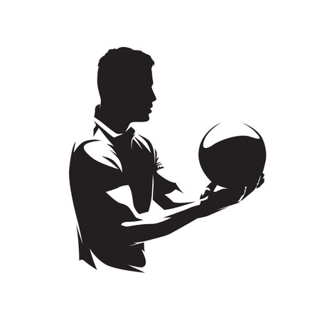 Bowling, player rolls ball towards pins, isolated vector silhouette, ink drawing, front view. Bowling logoのイラスト素材