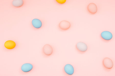 Easter eggs, pastel colors, top view. Flat lay, Easter background designの写真素材