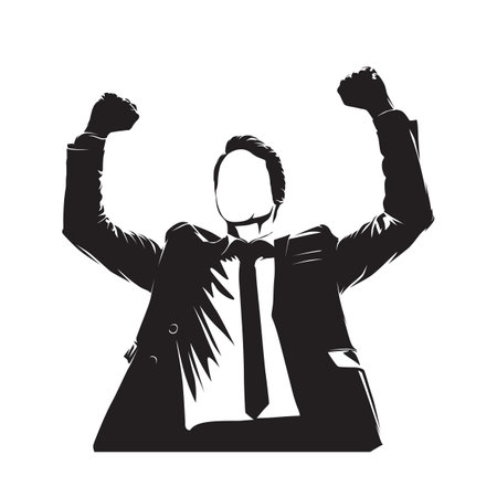 Business man cheers and clenches his fists, abstract isolated vector silhouette, ink drawingのイラスト素材