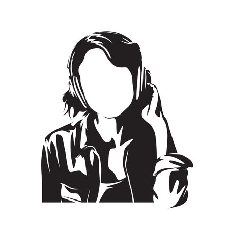 Young woman listening to music through headphones, isolated vector silhouetteのイラスト素材